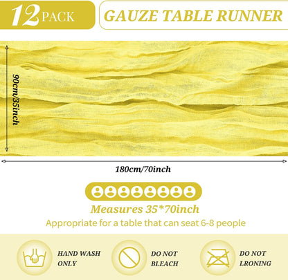 12 Pack Cheesecloth Table Runner 35 x 70 inch Long Boho Cheese Cloth Gauze Table Runners Semi Sheer Table Runner for Wedding Decor, Bridal Shower, Birthday Party (Yellow)