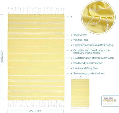 Turkish Hand Towels with Hanging Loop (23 x 36) Set of 4-100% Cotton Kitchen Towel Quick Dry Prewashed for Soft Feel Decorative Towels for Gym, Yoga, Bath and Kitchen - Light Yellow