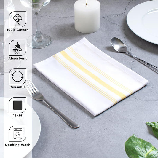 Set of 12 French Stripe Dinner Table Napkins 100% Cotton Napkins, 18x18 Inch, Absorbent, Soft, Reusable & Washable Restaurant Hotel Quality Spring Summer & Everyday Use - Yellow