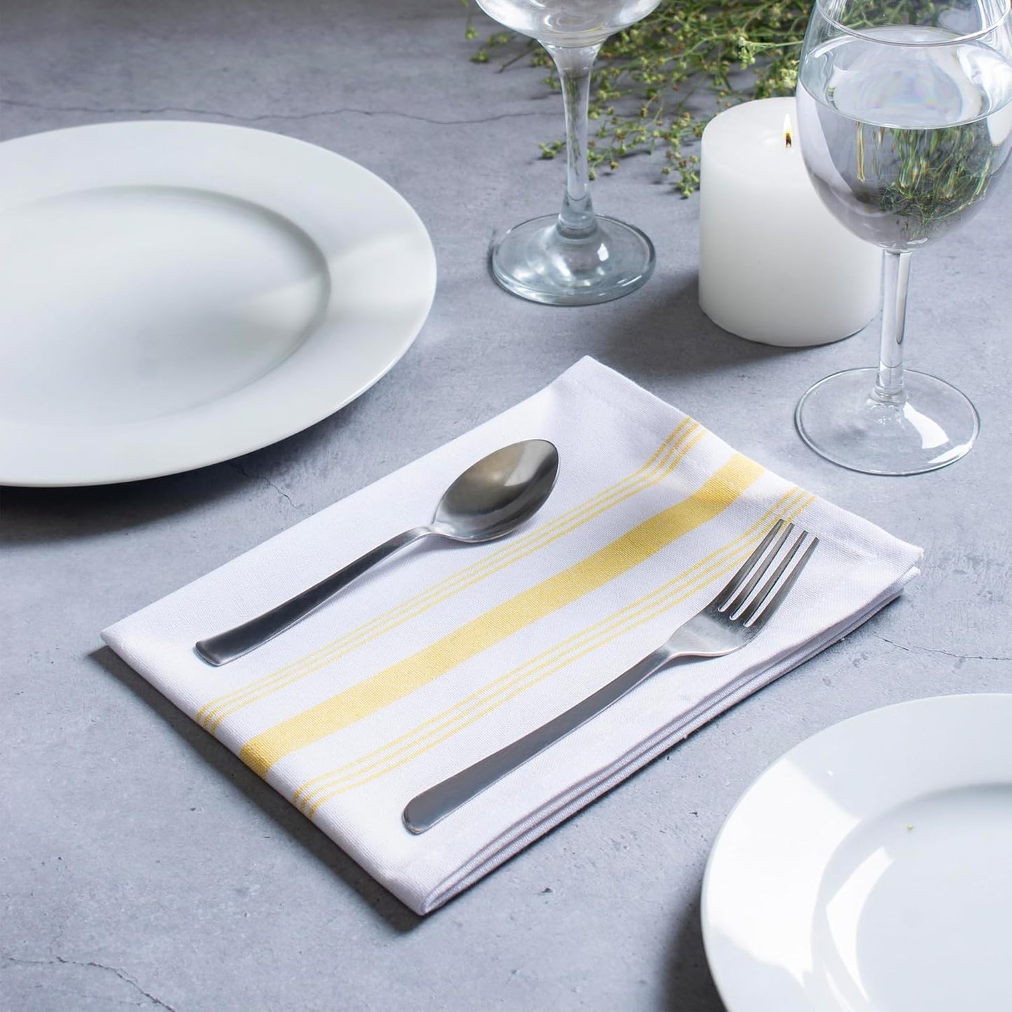 Set of 12 French Stripe Dinner Table Napkins 100% Cotton Napkins, 18x18 Inch, Absorbent, Soft, Reusable & Washable Restaurant Hotel Quality Spring Summer & Everyday Use - Yellow