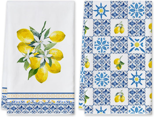 Lemon Kitchen Towels - Watercolor Dish Towels 18x26 Inch Set of 2 - Farmhouse Spring Lemon Party Itallian Mediterranean Decorations Holiday Hand Towel for Bathroom, Office