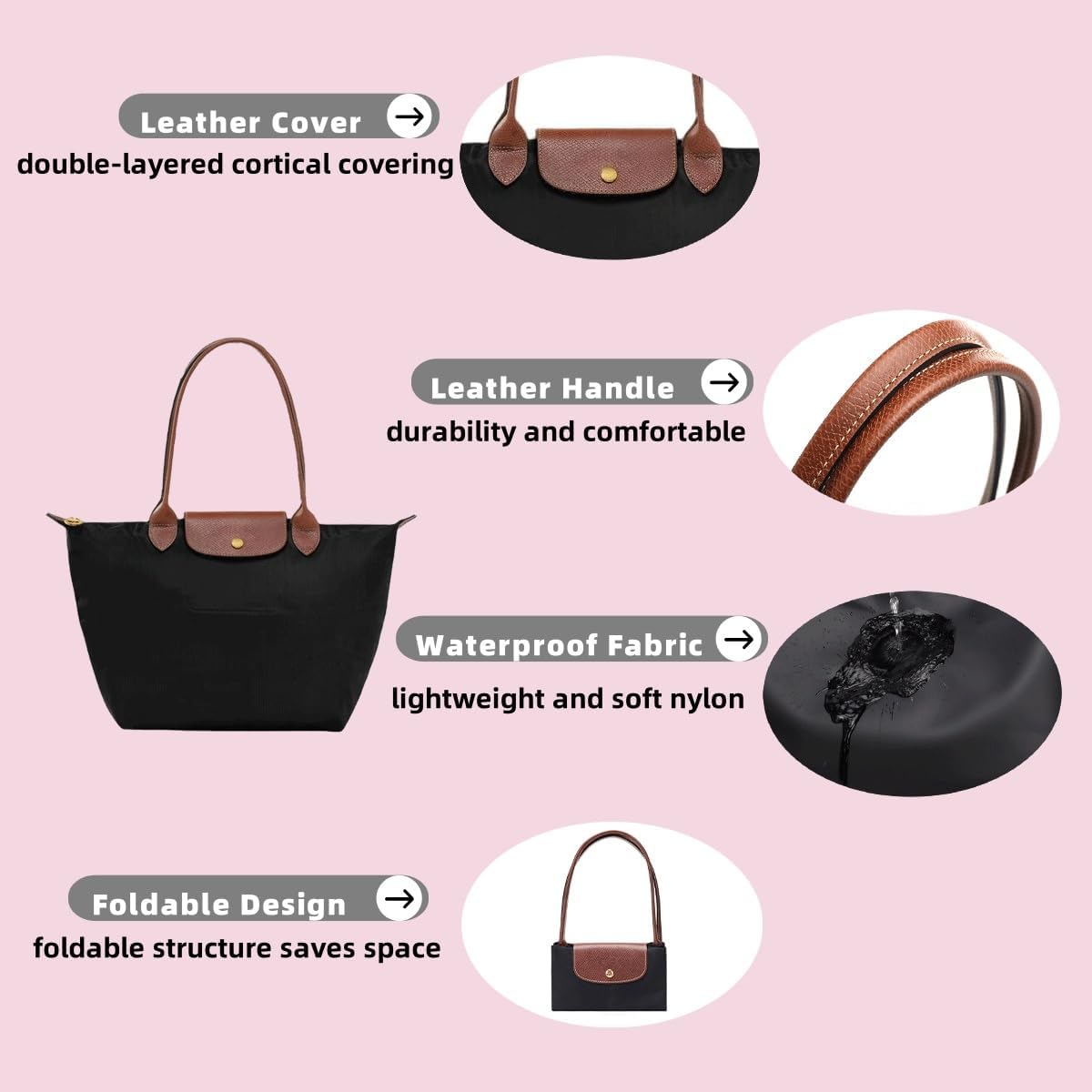 Women's Nylon Tote Bag, Large Capacity Waterproof Shoulder Bags, Spacious Handbag with Metal Zipper & Compartments