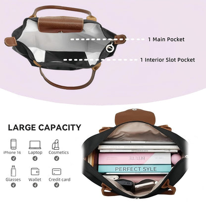 Women's Nylon Tote Bag, Large Capacity Waterproof Shoulder Bags, Spacious Handbag with Metal Zipper & Compartments