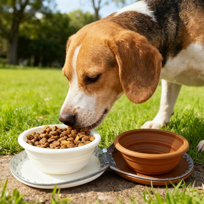Zegcohjave Collapsible Dog Bowls, 2-in-1 Silicone Portable Dog Food and Water Bowl, Travel Pet Bowls for Dogs & Cats, Ideal for Camping, Hiking and Outdoor Adventures(Brown and light yellow)