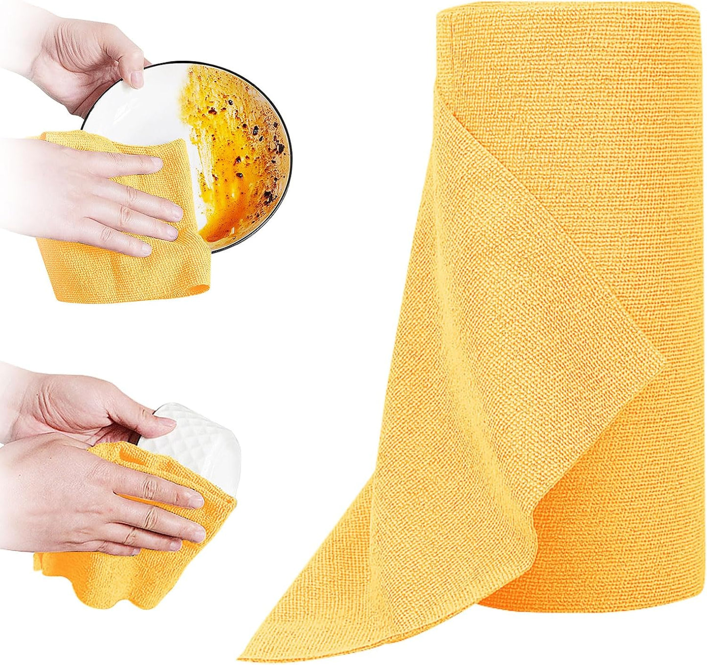 Tear Away Dish Cloths Rolls, 50 sheets/roll-11.8" X 11.8", Reusable Washable Dish Towels for Kitchen, Absorbent and Quick Drying Microfiber Cleaning Rags (Yellow)
