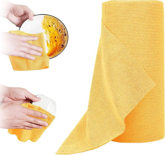 Tear Away Dish Cloths Rolls, 50 sheets/roll-11.8" X 11.8", Reusable Washable Dish Towels for Kitchen, Absorbent and Quick Drying Microfiber Cleaning Rags (Yellow)