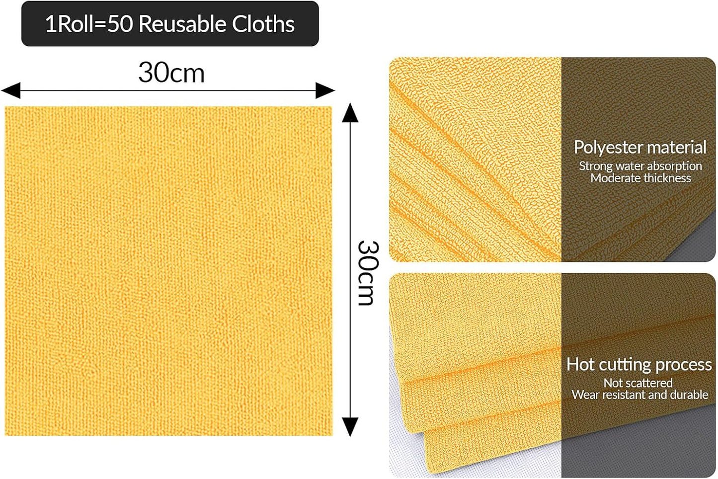 Tear Away Dish Cloths Rolls, 50 sheets/roll-11.8" X 11.8", Reusable Washable Dish Towels for Kitchen, Absorbent and Quick Drying Microfiber Cleaning Rags (Yellow)