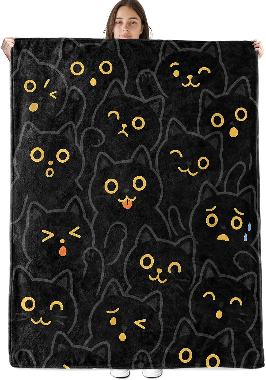 Black Cat Blanket Soft Cozy Flannel Throw Blankets, Cute Kitty Face with Yellow Glow Art Throws for Couch Bed Sofa Living Room Night Decor, Gifts for Kids Adults Pet Lovers 60"×50"