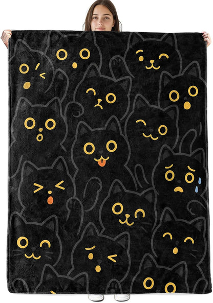 Black Cat Blanket Soft Cozy Flannel Throw Blankets, Cute Kitty Face with Yellow Glow Art Throws for Couch Bed Sofa Living Room Night Decor, Gifts for Kids Adults Pet Lovers 60"×50"
