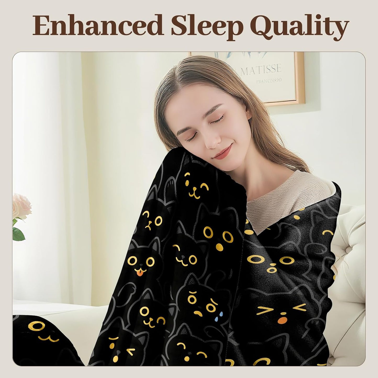 Black Cat Blanket Soft Cozy Flannel Throw Blankets, Cute Kitty Face with Yellow Glow Art Throws for Couch Bed Sofa Living Room Night Decor, Gifts for Kids Adults Pet Lovers 60"×50"