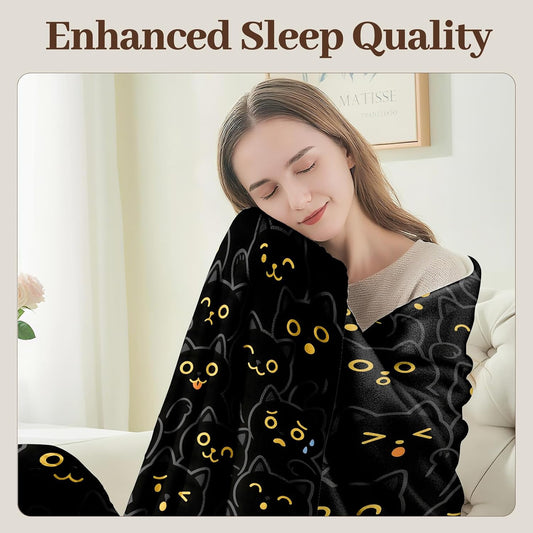 Black Cat Blanket Soft Cozy Flannel Throw Blankets, Cute Kitty Face with Yellow Glow Art Throws for Couch Bed Sofa Living Room Night Decor, Gifts for Kids Adults Pet Lovers 60"×50"