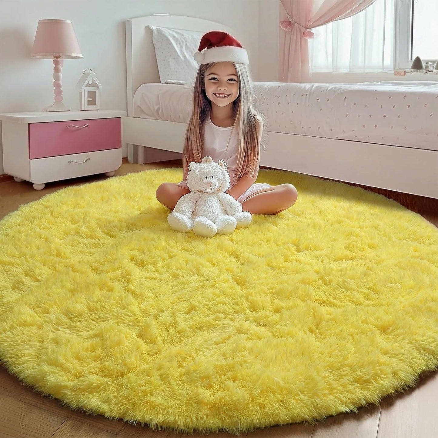 Yellow Round Area Rugs 4ft for Bedroom Living Room, Fluffy Circle Rug for Kids Girls Boys Teen, Soft Plush Shaggy Carpet for Nursery Dorm Classroom Playroom Home Decor Aesthetic