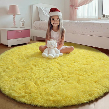 Yellow Round Area Rugs 4ft for Bedroom Living Room, Fluffy Circle Rug for Kids Girls Boys Teen, Soft Plush Shaggy Carpet for Nursery Dorm Classroom Playroom Home Decor Aesthetic