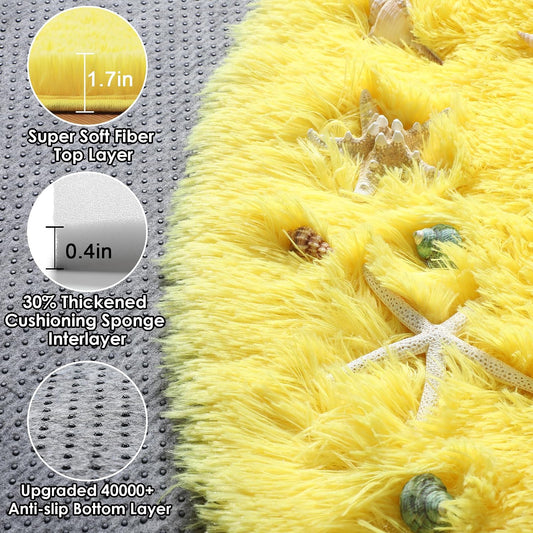 Yellow Round Area Rugs 4ft for Bedroom Living Room, Fluffy Circle Rug for Kids Girls Boys Teen, Soft Plush Shaggy Carpet for Nursery Dorm Classroom Playroom Home Decor Aesthetic