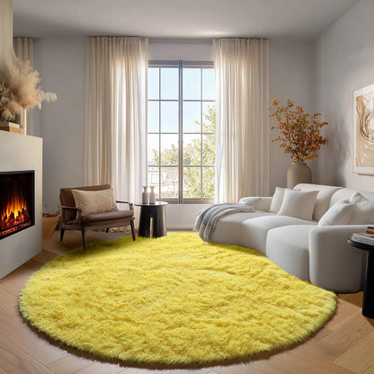 Yellow Round Area Rugs 4ft for Bedroom Living Room, Fluffy Circle Rug for Kids Girls Boys Teen, Soft Plush Shaggy Carpet for Nursery Dorm Classroom Playroom Home Decor Aesthetic