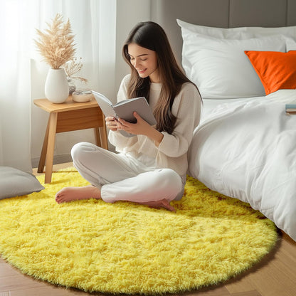 Yellow Round Area Rugs 4ft for Bedroom Living Room, Fluffy Circle Rug for Kids Girls Boys Teen, Soft Plush Shaggy Carpet for Nursery Dorm Classroom Playroom Home Decor Aesthetic