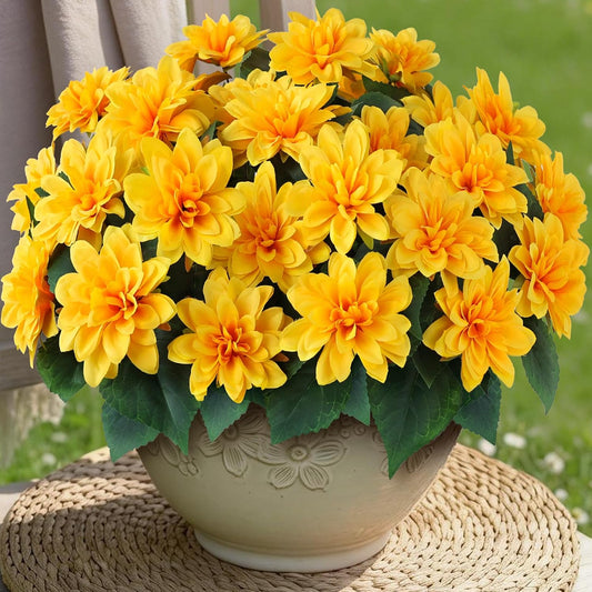 8 Bundles 17" Artificial Dahlia Flowers for Outdoor Decor(Yellow) | Realistic Fake Silk Flower Faux Dahlias Plant,Arrangement for Home Garden Balcony Farmhouse Spring Summer Decor