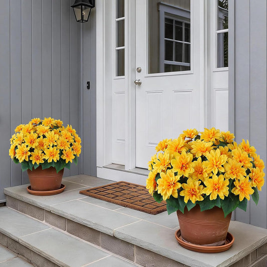 8 Bundles 17" Artificial Dahlia Flowers for Outdoor Decor(Yellow) | Realistic Fake Silk Flower Faux Dahlias Plant,Arrangement for Home Garden Balcony Farmhouse Spring Summer Decor