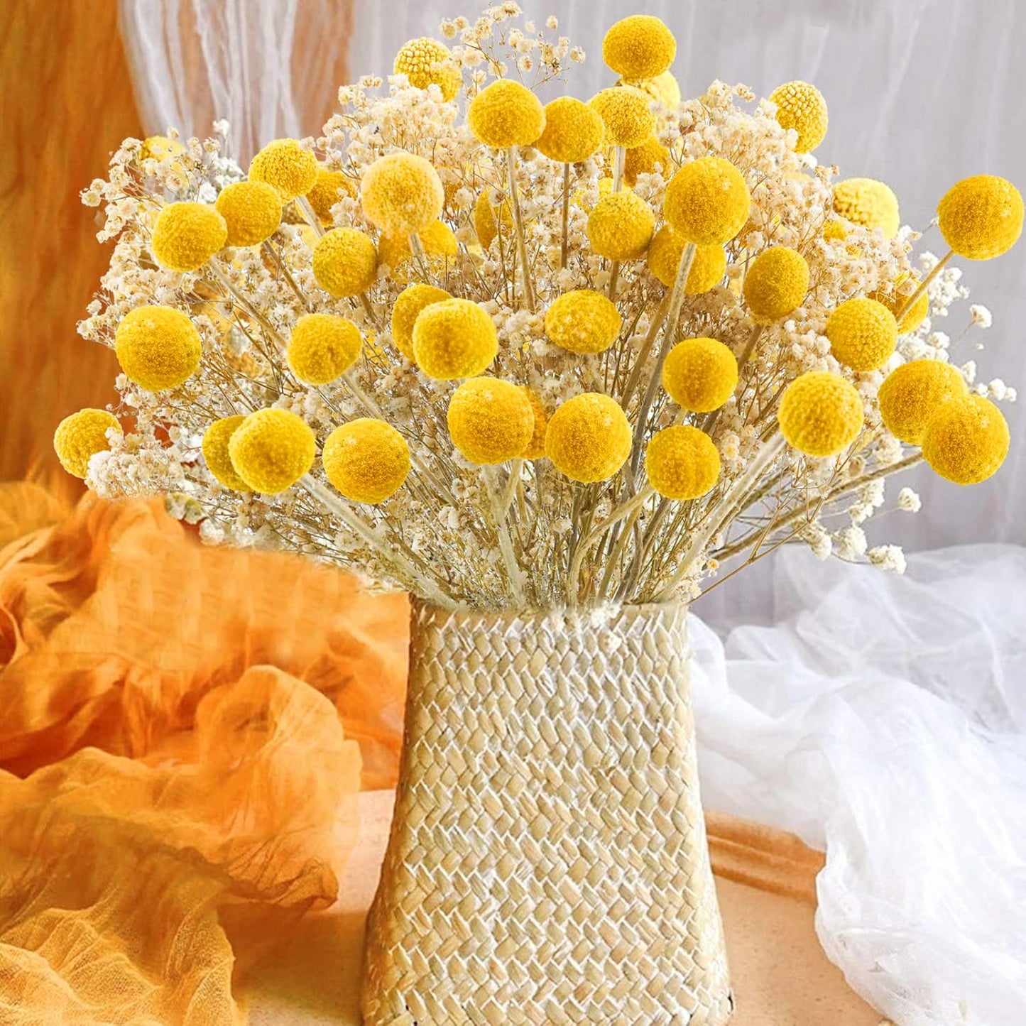 30Pcs Natural Dried Flowers Craspedia Billy Balls Flowers Billy Buttons Floral Bouquet for Flower Arrangements Wedding Home Tall Vase Decor Yellow