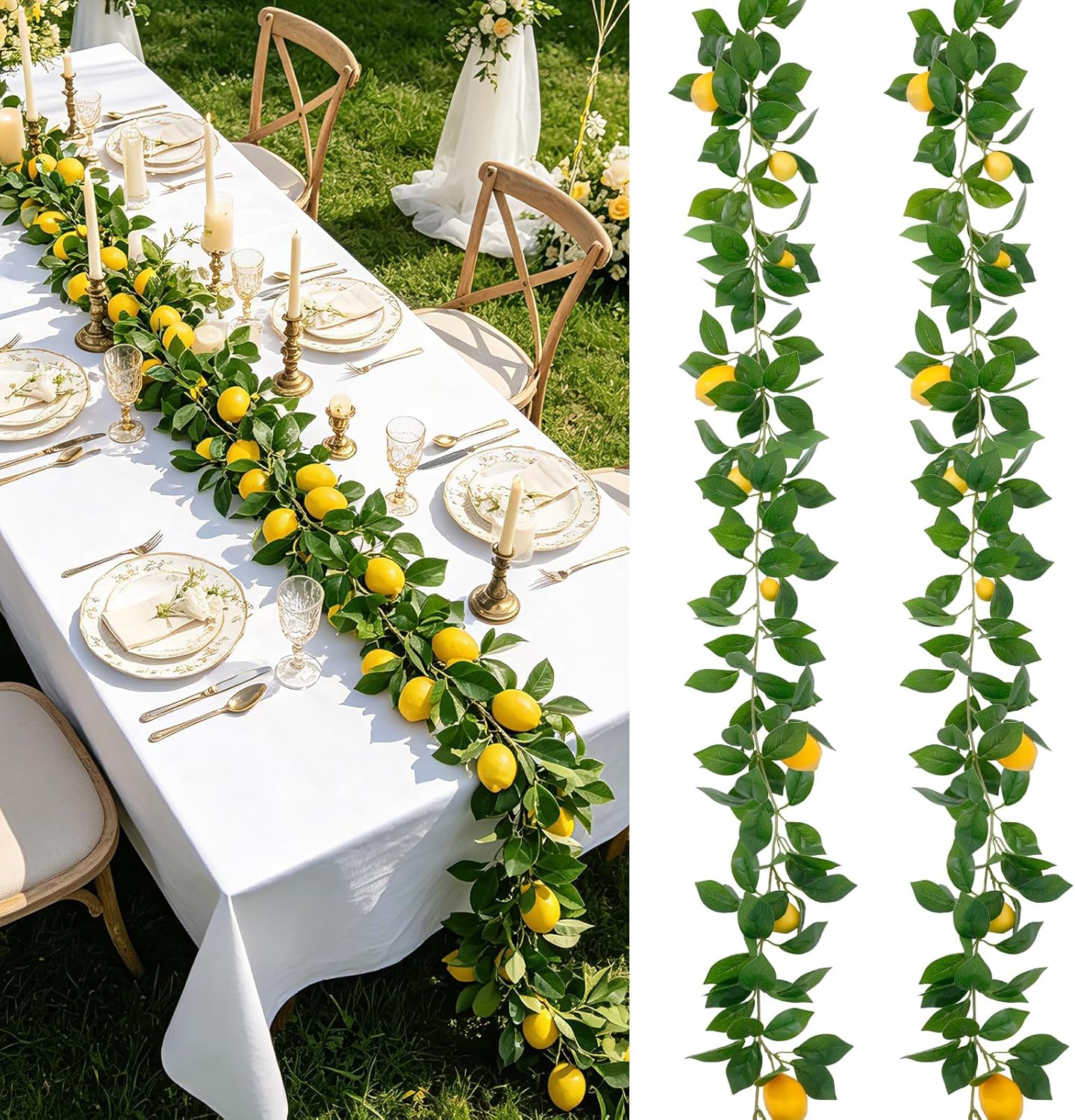 2Pcs Artificial Lemon Vine Garland with Fruits, 12FT Lifelike Yellow Lemon Vines, Faux Greenery for Wedding Home Wall Decor, Indoor Outdoor Hanging Kitchen Bathroom Party DIY