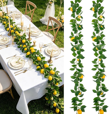 2Pcs Artificial Lemon Vine Garland with Fruits, 12FT Lifelike Yellow Lemon Vines, Faux Greenery for Wedding Home Wall Decor, Indoor Outdoor Hanging Kitchen Bathroom Party DIY