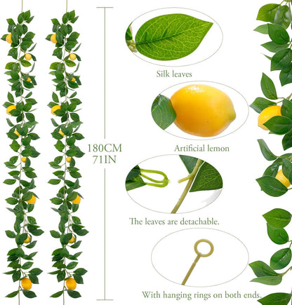 2Pcs Artificial Lemon Vine Garland with Fruits, 12FT Lifelike Yellow Lemon Vines, Faux Greenery for Wedding Home Wall Decor, Indoor Outdoor Hanging Kitchen Bathroom Party DIY