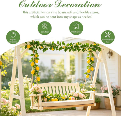 2Pcs Artificial Lemon Vine Garland with Fruits, 12FT Lifelike Yellow Lemon Vines, Faux Greenery for Wedding Home Wall Decor, Indoor Outdoor Hanging Kitchen Bathroom Party DIY