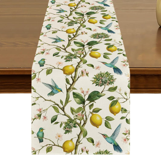 Summer Lemon Tree Bird Flower Table Runner 13x72 Inch Spring Kitchen Dining Table Decor for Indoor Outdoor Farmhouse Home Party Decoration ZQ191