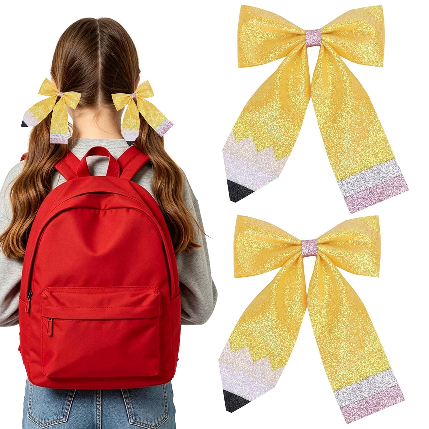Back to School Bow Hair Clips Yellow Glitter Hairpin Sparkly 2 PCS | 3.8x5.1 Inch First Day of School Hairpin Sparkly Leather Bowknot Hair Accessories for Women