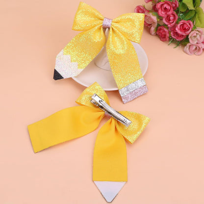 Back to School Bow Hair Clips Yellow Glitter Hairpin Sparkly 2 PCS | 3.8x5.1 Inch First Day of School Hairpin Sparkly Leather Bowknot Hair Accessories for Women