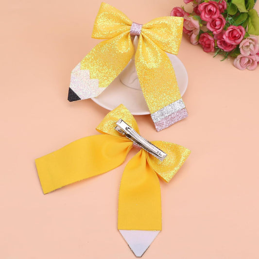 Back to School Bow Hair Clips Yellow Glitter Hairpin Sparkly 2 PCS | 3.8x5.1 Inch First Day of School Hairpin Sparkly Leather Bowknot Hair Accessories for Women