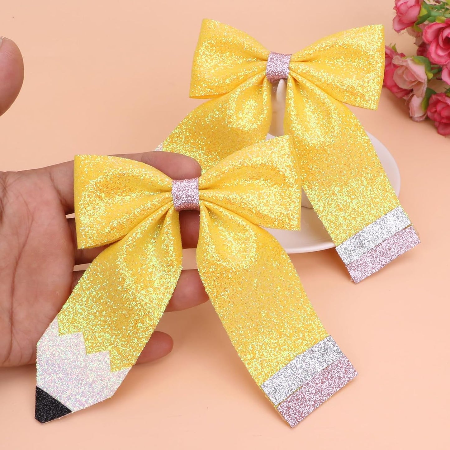 Back to School Bow Hair Clips Yellow Glitter Hairpin Sparkly 2 PCS | 3.8x5.1 Inch First Day of School Hairpin Sparkly Leather Bowknot Hair Accessories for Women