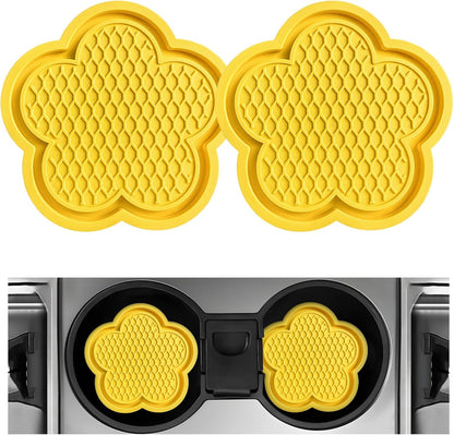 2 PCS Car Cup Coasters, Cute Flower Shaped Car Cup Holder Mat, PVC Waterproof Anti Slip Vehicle Cup Holder Insert Coaster, Universal Car Interior Decor Accessories (Yellow)