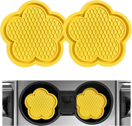 2 PCS Car Cup Coasters, Cute Flower Shaped Car Cup Holder Mat, PVC Waterproof Anti Slip Vehicle Cup Holder Insert Coaster, Universal Car Interior Decor Accessories (Yellow)