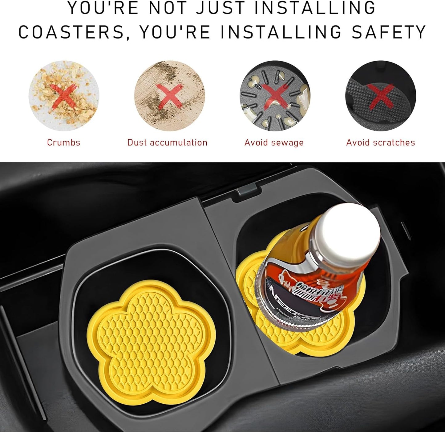2 PCS Car Cup Coasters, Cute Flower Shaped Car Cup Holder Mat, PVC Waterproof Anti Slip Vehicle Cup Holder Insert Coaster, Universal Car Interior Decor Accessories (Yellow)