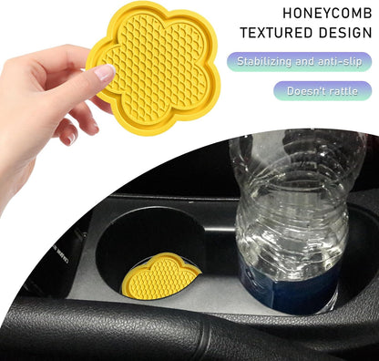 2 PCS Car Cup Coasters, Cute Flower Shaped Car Cup Holder Mat, PVC Waterproof Anti Slip Vehicle Cup Holder Insert Coaster, Universal Car Interior Decor Accessories (Yellow)