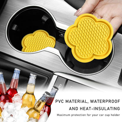 2 PCS Car Cup Coasters, Cute Flower Shaped Car Cup Holder Mat, PVC Waterproof Anti Slip Vehicle Cup Holder Insert Coaster, Universal Car Interior Decor Accessories (Yellow)