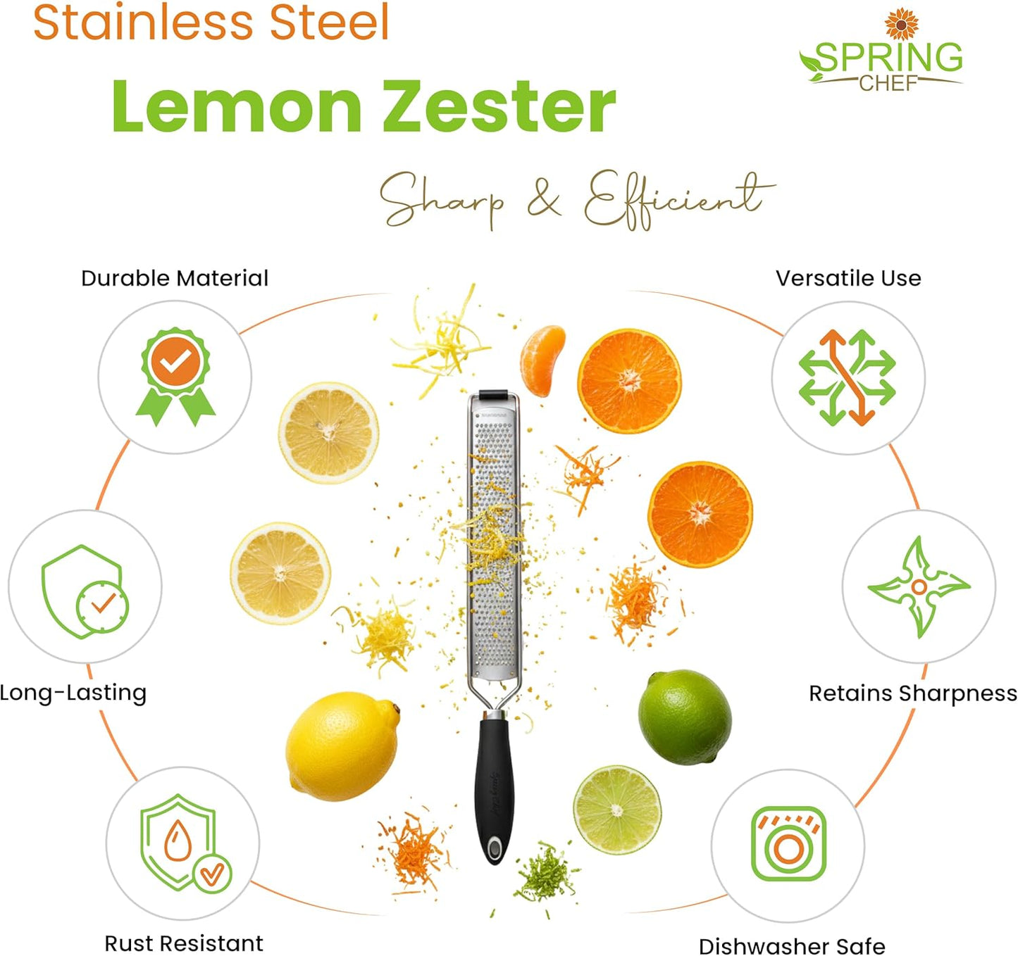 Stainless Steel Lemon Zester Grater with Handle - Garlic, Cheese, Parmesan, Nutmeg, Lime, Ginger Grater - Heavy Duty Kitchen Tool - Citrus Zester with Blade Cover - Fine Shred - Black