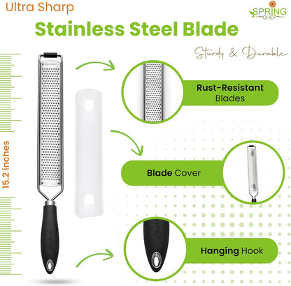 Stainless Steel Lemon Zester Grater with Handle - Garlic, Cheese, Parmesan, Nutmeg, Lime, Ginger Grater - Heavy Duty Kitchen Tool - Citrus Zester with Blade Cover - Fine Shred - Black