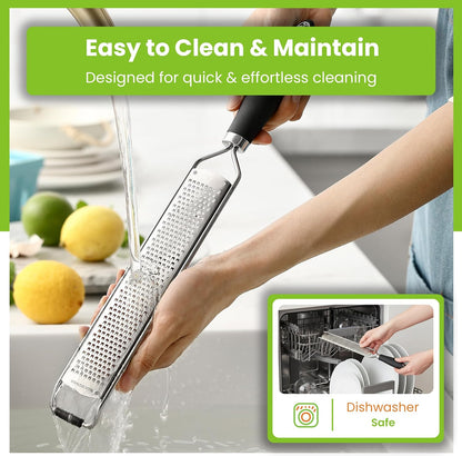 Stainless Steel Lemon Zester Grater with Handle - Garlic, Cheese, Parmesan, Nutmeg, Lime, Ginger Grater - Heavy Duty Kitchen Tool - Citrus Zester with Blade Cover - Fine Shred - Black