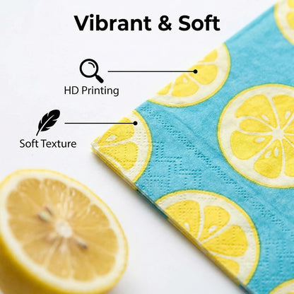 Blue Lemon Paper Brunch Napkins, 2-Ply 20 Count, Summer BBQ | Disposable, Dining Table Decorative,16.5x16.5cm (6.5"), Party/ Birthday/ Bridal Shower / Picnic/ Decoupage