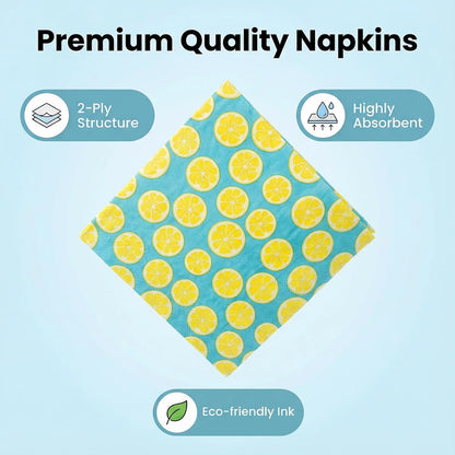 Blue Lemon Paper Brunch Napkins, 2-Ply 20 Count, Summer BBQ | Disposable, Dining Table Decorative,16.5x16.5cm (6.5"), Party/ Birthday/ Bridal Shower / Picnic/ Decoupage