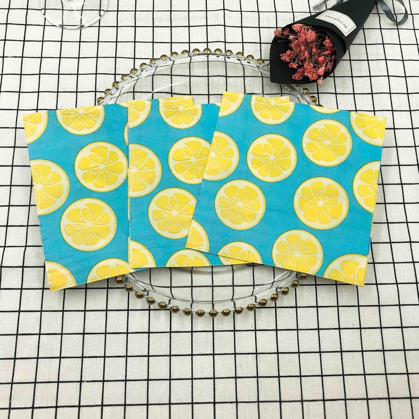 Blue Lemon Paper Brunch Napkins, 2-Ply 20 Count, Summer BBQ | Disposable, Dining Table Decorative,16.5x16.5cm (6.5"), Party/ Birthday/ Bridal Shower / Picnic/ Decoupage