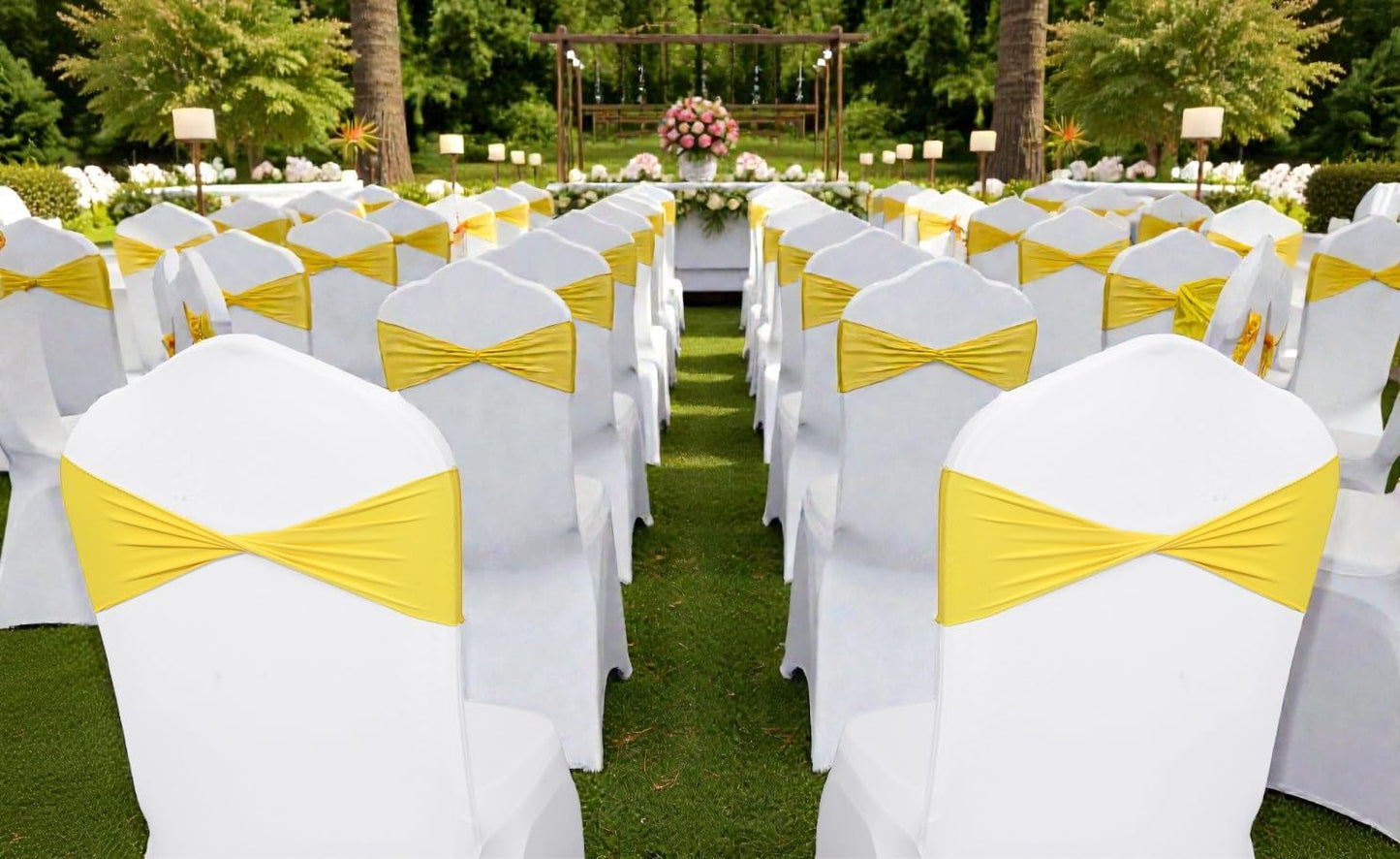 Pack of 25 PCS | Yellow | Spandex Chair Sashes Bows Without Buckle | Stretch Elastic Banquet Universal Folding Chair Band Tie with for Wedding Party Conference Celebration Event Decoration