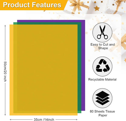 Purple, Yellow, Green Tissue Paper - Mardi Gras Wrapping Paper, 80 Sheets, 14x20 Inch, Bulk - Gift Bag, Carnival, Masquerade, Holiday Party Favor Decor