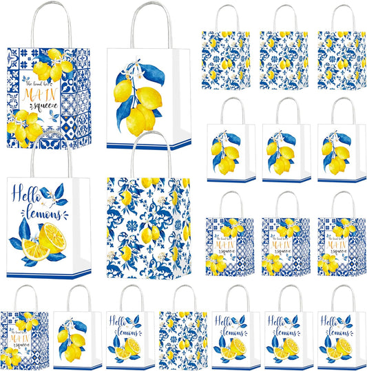 12Pcs Capri Lemon Themed Gift Bags Blue Tiles Yellow Lemon Treat Bags with Handles for Amalfi Coast Party, Birthday, Summer Fruit Themed Party Favors, Capri Lemon Baby Shower Supplies