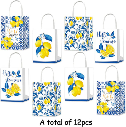 12Pcs Capri Lemon Themed Gift Bags Blue Tiles Yellow Lemon Treat Bags with Handles for Amalfi Coast Party, Birthday, Summer Fruit Themed Party Favors, Capri Lemon Baby Shower Supplies