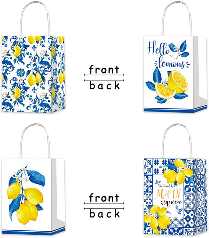 12Pcs Capri Lemon Themed Gift Bags Blue Tiles Yellow Lemon Treat Bags with Handles for Amalfi Coast Party, Birthday, Summer Fruit Themed Party Favors, Capri Lemon Baby Shower Supplies