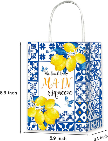 12Pcs Capri Lemon Themed Gift Bags Blue Tiles Yellow Lemon Treat Bags with Handles for Amalfi Coast Party, Birthday, Summer Fruit Themed Party Favors, Capri Lemon Baby Shower Supplies