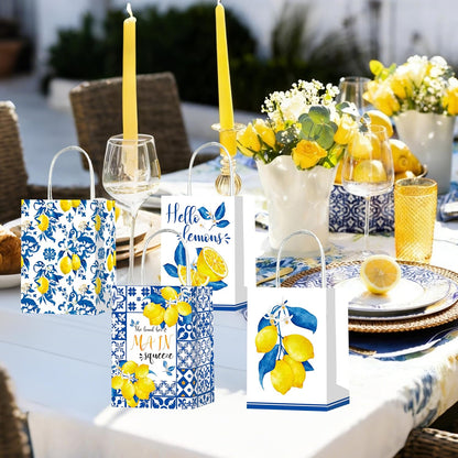 12Pcs Capri Lemon Themed Gift Bags Blue Tiles Yellow Lemon Treat Bags with Handles for Amalfi Coast Party, Birthday, Summer Fruit Themed Party Favors, Capri Lemon Baby Shower Supplies
